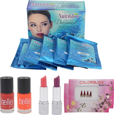 

NutriGlow SET OF 1 DIAMOND RADIANCE FACIAL KIT + 2 NAIL PAINTS + 2 LIPSTICKS + 2 COLOR BLISS BINDIS(Set of 1)