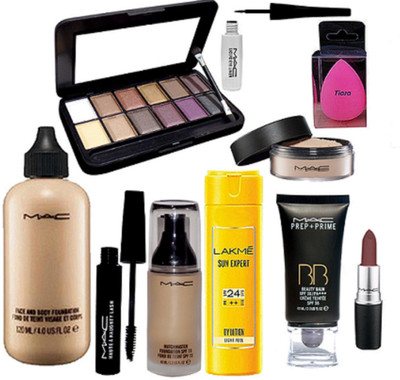 

tiara Spounge puff , Matte Finish Maroon Lipstick , Face & Body Foundation , Eyeliner And Mascara , Lakme SunExpert Sunscreen , Prep+Prime Bb Beauty Blam Cream , Loose Powder , Match master Foundation, 12 Shades Eyeshadow Pallate(Set of 10)