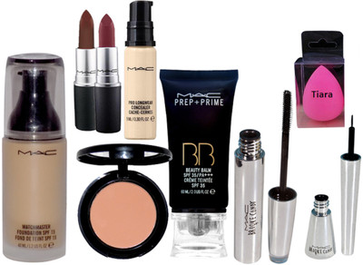 

tiara Spounge Puff , Mac brook candy Eyeliner & mascara , Matchmaster Foundation , Prep+ Prime BB Beauty Blam , Pro Long wear Concealer , Lipstick Pack Of 2 , Compact(Set of 9)
