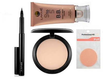 

Professional kit Makeup puff&Lakme 9to5 bright benefit cream,Mac studio fix compact& Pencil Eyeliner(Set of 4)