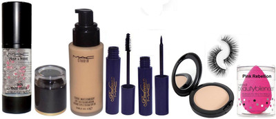 

Pink Rebellion & Mac Studiowaterweight Foundation & Skin Base Visage Primer & Studio Fix Compact & Padma Eyeliner+Mascara & Eyelashes With Sponge Puff(Set of 7)