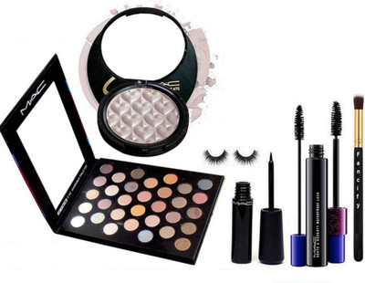 

Fancify Makeup brush & Mac makeup 32 shade Eyeshadow palette, Liquid last Eyeliner, illuminator & Hauty and naughty waterproof lash mascara(Set of 6)