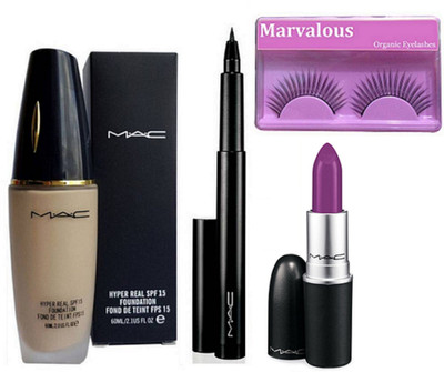 

marvalous Eyelashes&Hyper Real Foundation, Pen Eyeliner, Matte Finish Herion Lipstick(Set of 4)