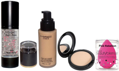 

Pink Rebellion & Mac Studiowaterweight Foundation & Studiofix Compact & Skin Base Visage Primer With Sponge Puff(Set of 4)