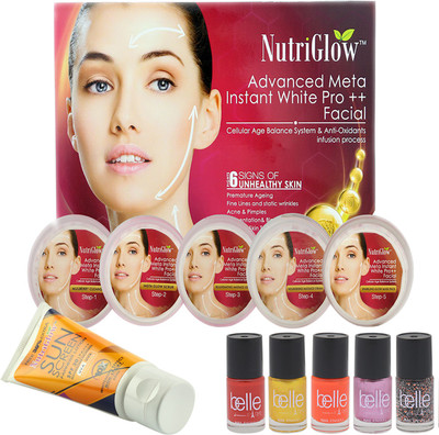

NutriGlow Set of 5 Nail paints + 1 ,Sunscreen SPF 30 + 1 Advanced Meta instant white facial kit(Set of 1)