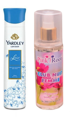 

Pink Root CLUB NUIT FEMME MIST 200ML WITH YARDLEY LONDON LACE DEO 150ML(Set of 2)