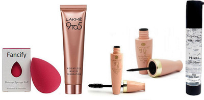 

fancify Spongy Puff , Lakme 9 to 5 Mousse Foundation , Eyeliner , Mascara & pearl Face Primer(Set of 5)