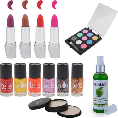 

Belle Set of 6 Nail paints + 1 Compact + 1 Green Apple toner + 1 Eye shadow + 1 4 Lipsticks(Set of 13)