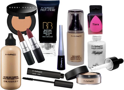 

tiara Spounge Puff & Loose Powder , Eyeliner & Masacra , Matchmaster Foundation , Prep+Prime Highlighter , Prep+Prime BB Beauty Blam , Face & Body Foundation , Bobbi Brown Compact , Lipstick Pack Of 2(Set of 11)