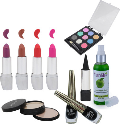 

NutriGlow Set of + 1 Compact + 1 Green Apple toner + 1 Eye shadow + 4 Lipsticks + 2 eye liner + Kajal(Set of 10)