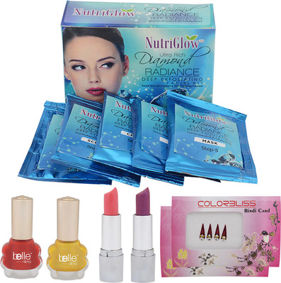 

NutriGlow SET OF 1 DIAMOND RADIANCE FACIAL KIT + 2 BELLE PARIS NAIL PAINTS + 2 LIPSTICKS + 2 PACK OF COLOR BLISS BINDIS(Set of 7)
