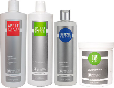 AMAZON KERATIN Apple Keratin Treatment, Green Tea Clarifying Shampoo, Deep Hair Mask and Hydrate Shampoo(Set of 4)