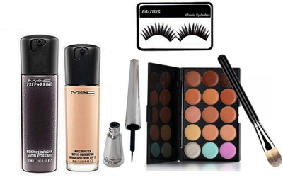 

brutus Eyelashes, Mac 15 Shades Concealer Palette, Face serum , MatchMaster Liquid Foundation , Brooke Candy Eye Liner,Brush(Set of 6)