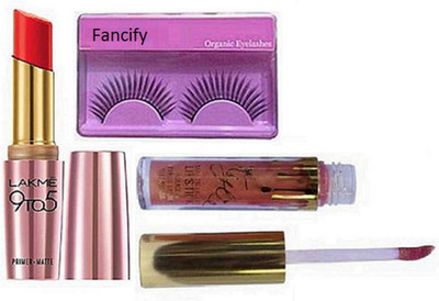 

fancify Eyelashes , Lakme 9 to 5 Lipstick & Lip gloss(Set of 3)