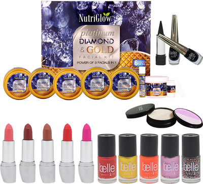 

NutriGlow SET OF 1 PLATINUM DIAMOND AND GOLD FACIAL KIT + 2 EYE LINERS + 1 KAJAL + 5 NAIL PAINTS + 5 LIP STICKS + 1 COMPACT (5-IN-1)(Set of 1)