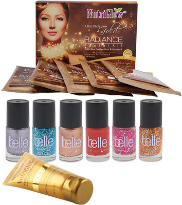 

NutriGlow Set of 1 Gold Radiance facial kit + 1 Gold Booster face wash + 6 Nail paints Belle(Set of 8)