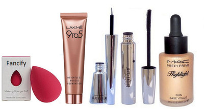 

Fancify Spongy Puff , Lakme 9 to 5 Mousse Foundation , Brooke Candy Eyeliner , Mascara & Highlight(Set of 5)