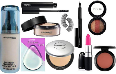 

glorist Puff, Mac Matchmaster Foundation, Studio Prefect Compact, Loose Powder, Zoom Lash Mascara, Pen Eyeliner Eyelashes, candy Yum-yum Lipstick, 3 Shade Eyeshadow,Blusher(Set of 10)