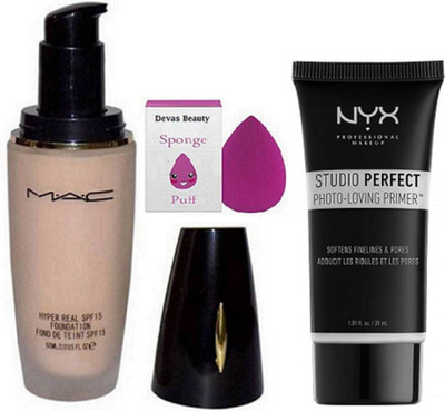 

divas beauty Sponge Puff & MAC Hyper Real Spf 15 Foundation, NYX Studio Perfect Photo-Loving Face Primer Gel 30 ml(Set of 3)