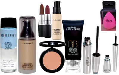 

tiara Spounge Puff , Mac brook candy Eyeliner & mascara , Matchmaster Foundation , Prep+ Prime BB Beauty Blam , Pro Long wear Concealer , Lipstick Pack Of 2 , Compact , Bobbi Brown Foundatioin(Set of 10)
