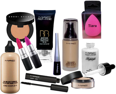 

tiara Spounge Puff , Loose Powder , Eyeliner & Masacra , Matchmaster Foundation , Prep+Prime Highlighter , Prep+Prime Beauty Blam , Face & Body Foundation , Compact , Lipstick Pack Of 2(Set of 11)