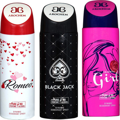 

AROCHEM ROMEO , BLACK JACK AND CHARMING GIRL DYNAMIC PURE Deodorant Spray - For Men & Women(200 ml, Pack of 3)