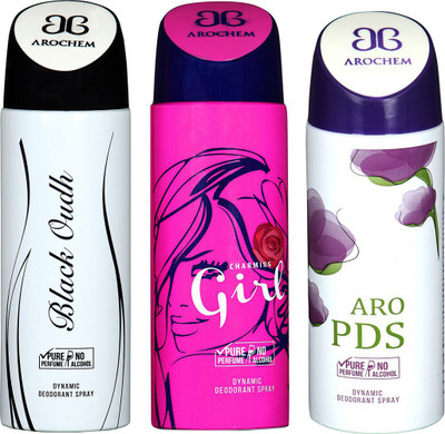 

AROCHEM BLACK OUDH , CHARMING GIRL AND ARO PDS DYNAMIC PURE Deodorant Spray - For Men & Women(200 ml, Pack of 3)