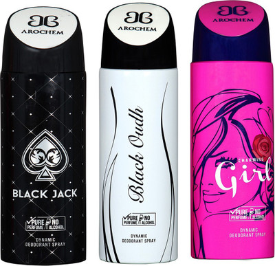 

AROCHEM BLACK JACK , BLACK OUDH AND CHARMING GIRL DYNAMIC PURE Deodorant Spray - For Men & Women(200 ml, Pack of 3)