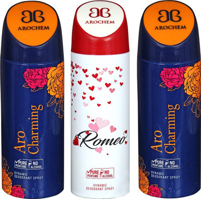 

AROCHEM ARO CHARMING , ROMEO AND ARO CHARMING DYNAMIC PURE Deodorant Spray - For Men & Women(200 ml, Pack of 3)