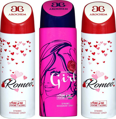 

AROCHEM ROMEO , CHARMING GIRL AND ROMEO DYNAMIC PURE Deodorant Spray - For Men & Women(200 ml, Pack of 3)