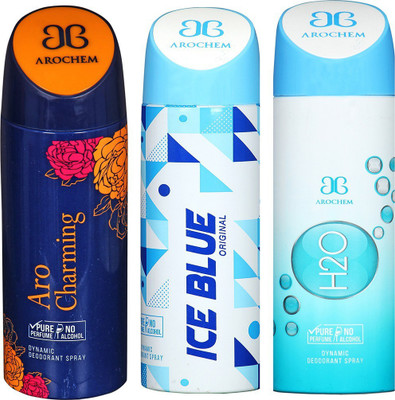 

AROCHEM ARO CHARMING , ICE BLUE AND H2O DYNAMIC PURE Deodorant Spray - For Men & Women(200 ml, Pack of 3)