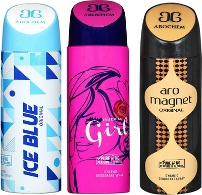 

AROCHEM ICE BLUE , CHARMING GIRL AND AND ARO MAGNET DYNAMIC PURE Deodorant Spray - For Men & Women(200 ml, Pack of 3)