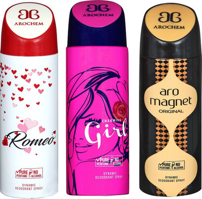 

AROCHEM ROMEO , CHARMING GIRL AND ARO MAGNET DYNAMIC PURE Deodorant Spray - For Men & Women(200 ml, Pack of 3)