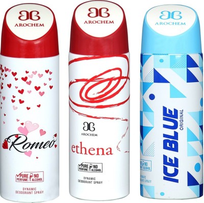 AROCHEM ROMEO , ETHENA AND ICE BLUE DYNAMIC PURE Deodorant Spray  -  For Men & Women(200 ml, Pack of 3)
