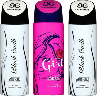 

AROCHEM BLACK OUDH , CHARMING GIRL AND BLACK OUDH DYNAMIC PURE Deodorant Spray - For Men & Women(200 ml, Pack of 3)