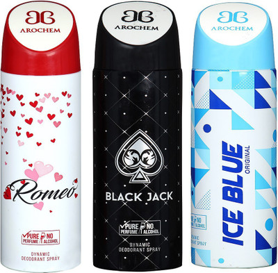 

AROCHEM ROMEO , BLACK JACK AND ICE BLUE DYNAMIC PURE Deodorant Spray - For Men & Women(200 ml, Pack of 3)