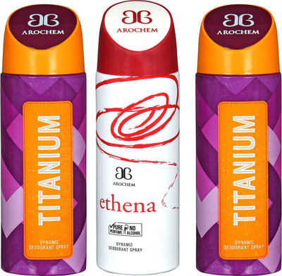 

AROCHEM TITANIUM , ETHENA AND TITANIUM DYNAMIC PURE Deodorant Spray - For Men & Women(200 ml, Pack of 3)