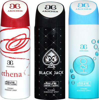 

AROCHEM ETHENA , BLACK JACK AND H2O DYNAMIC PURE Deodorant Spray - For Men & Women(200 ml, Pack of 3)