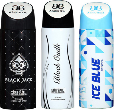 

AROCHEM BLACK JACK , BLACK OUDH AND ICE BLUE DYNAMIC PURE Deodorant Spray - For Men & Women(200 ml, Pack of 3)