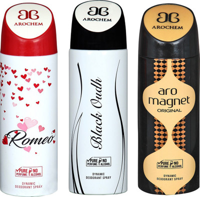 

AROCHEM ROMEO , BLACK OUDH AND ARO MAGNET DYNAMIC PURE Deodorant Spray - For Men & Women(200 ml, Pack of 3)