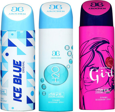 

AROCHEM ICE BLUE , H2O AND CHARMING GIRL DYNAMIC PURE Deodorant Spray - For Men & Women(200 ml, Pack of 3)