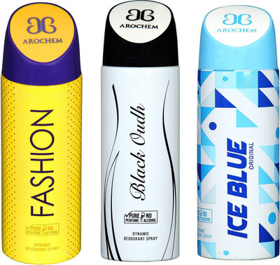 

AROCHEM FASHION , BLACK OUDH AND ICE BLUE GIRL DYNAMIC PURE Deodorant Spray - For Men & Women(200 ml, Pack of 3)