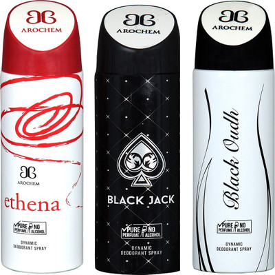 

AROCHEM ETHENA , BLACK JACK AND BLACK OUDH DYNAMIC PURE Deodorant Spray - For Men & Women(200 ml, Pack of 3)