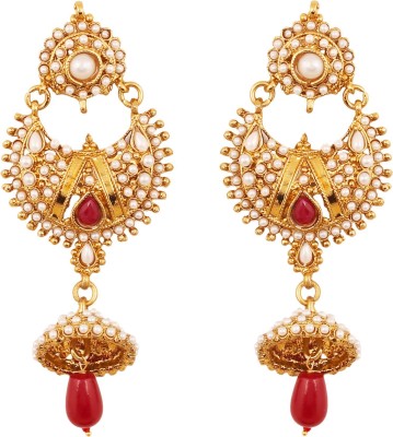 TOUCHSTONE Touchstone Indian Bollywood Pear Shape Faceted Red Faux Ruby And Faux Pearls Traditional Chandbali Moon Jhumki Long Bridal Designer Jewelry Chandelier Earrings In Antique Gold Tone For Women Alloy Drops & Danglers