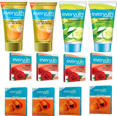 

EVERYUTH NATURALS 2 GOLDEN GLOW PEEL OFF MASK 50GM+2 CUCUMBER & ALOEVERA FACE PACK 50GM+4 PAPAYA FACE PACK 25GM+4 ROSE FACE PACK 25GM(50 g)