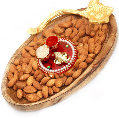 

Ghasitaram Gifts Wooden Almond Platter with Mini Pooja Thali Combo(3)