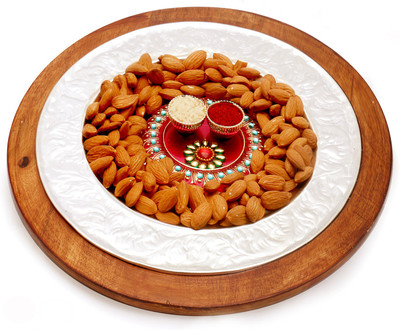 

Ghasitaram Gifts Silver Wooden Almond Platter with Mini Pooja Thali Combo(3)
