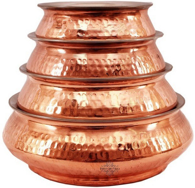 

IndianArtVilla Handmade Steel Copper Mughlai handi serving Dish Platter Restaurant Ware Hotel Ware Home Bowl Tray Serving Set(Pack of 4)