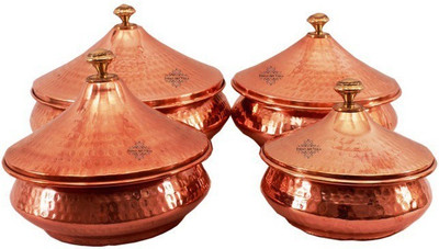 

IndianArtVilla Steel Copper Mughlai handi With Lid serving Dish Platter Restaurant Ware Hotel Ware Home Bowl Tray Serving Set(Pack of 4)
