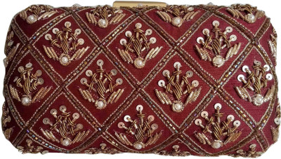 

ADVIKTION GROUP Women Casual Maroon Silk, Metal, Beads Clutch